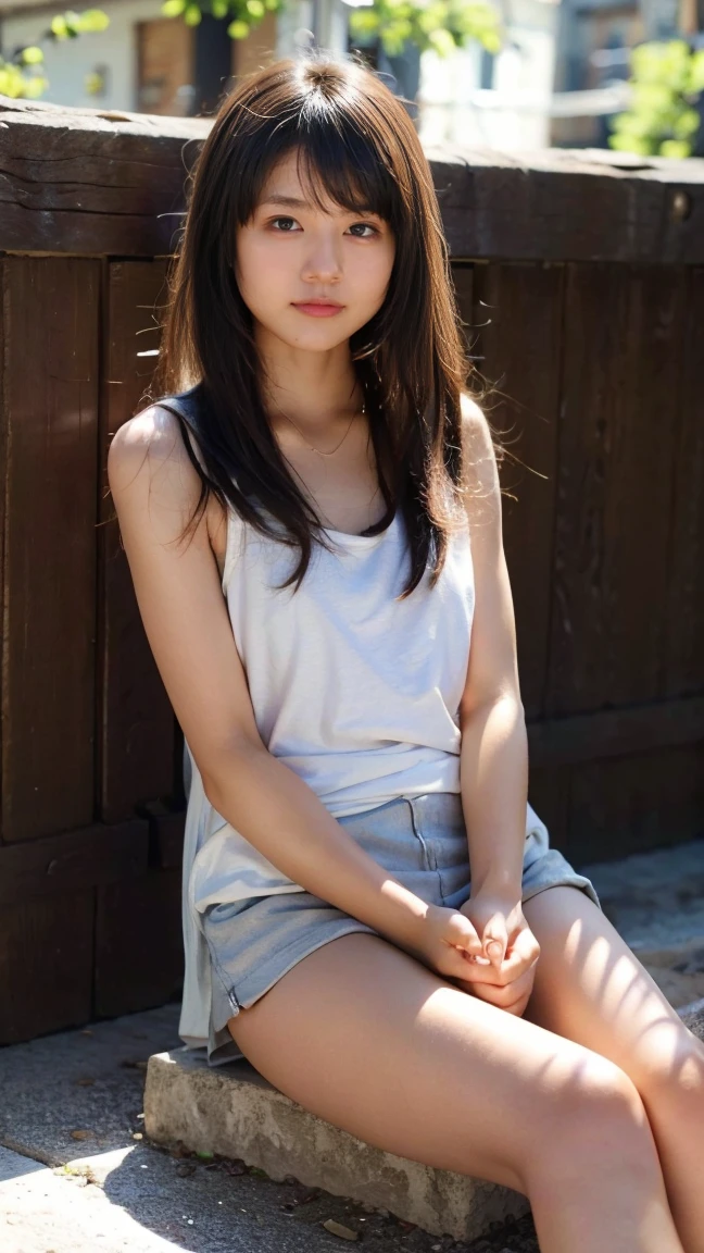 ((Extremely precise and accurate anatomy)), (masterpiece:1.43), Perfect balance, Realistic photos, ((Viewing angle from below、Highest quality、masterpiece、32K、Every detail counts、(Realistic:1.5), (Real Skin:1.5), One girl,))、Go down the stairs at the station、commute、whole body、Tank top with loose chest、Leaning forward、One Girl、(((The shoulder strap of the bag can be worn diagonally across the body:1.4、No underwear:1.22、、barefoot)))、