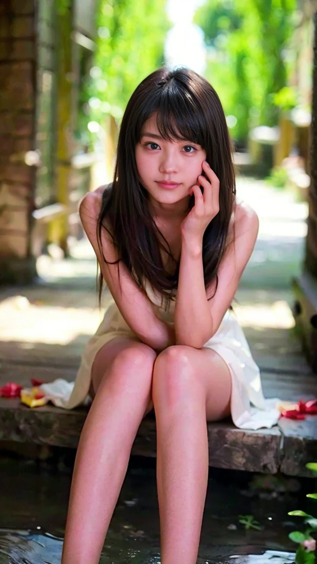 ((((detailed explanation)))),(((masterpiece、Highest quality、Very detailed:1.42、Focus on the eyes)))、Female in her late teens、Portraiture、Blurred cityscape at dusk、Silhouette of buildings and street lights Long dark brown hair、natural wavy curls、The wind is blowing softly、Hair falls down the side of the face、Skin is smooth、Healthy olive color、The tan lines are faintly visible、Natural redness on the cheeks、I have a few small laugh lines on my forehead.、Eyes with dark brown irises、The pupil is shining, Reflect light、Long curled eyelashes、Accentuate the eyes、Eyebrows are thin and trimmed、Natural Arch、Small Nose、straight、straight nose、lips are plump、soft pink lip gloss、Ultra-thin camisole、Barefoot and bare legs、A simple silver bracelet on her right wrist、A small diamond earring sparkles in her left ear...、The expression is calm、Be confident、smile、(((Emphasize the contrast between light and shadow)))、Realistic textures and facial details