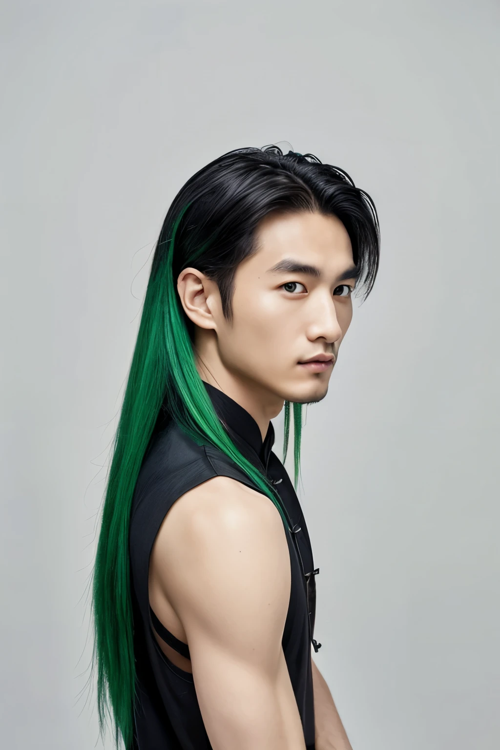 (Best quality, masterpiece), 1 boy, (simple white background: 1.2), black and green hair, ancient Chinese handsome, upper body, ID photo, close-up, long hair,