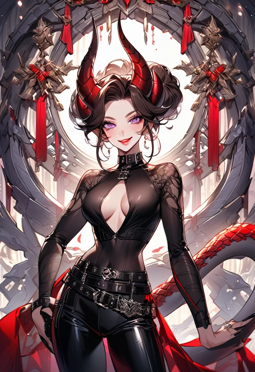 Tall woman, cheeky mad smile, brunette, hair gathered in a low bun, red and black tight clothes with open chest, purple eyes, dragon tail and horns, belts, pants, many details, light lipstick