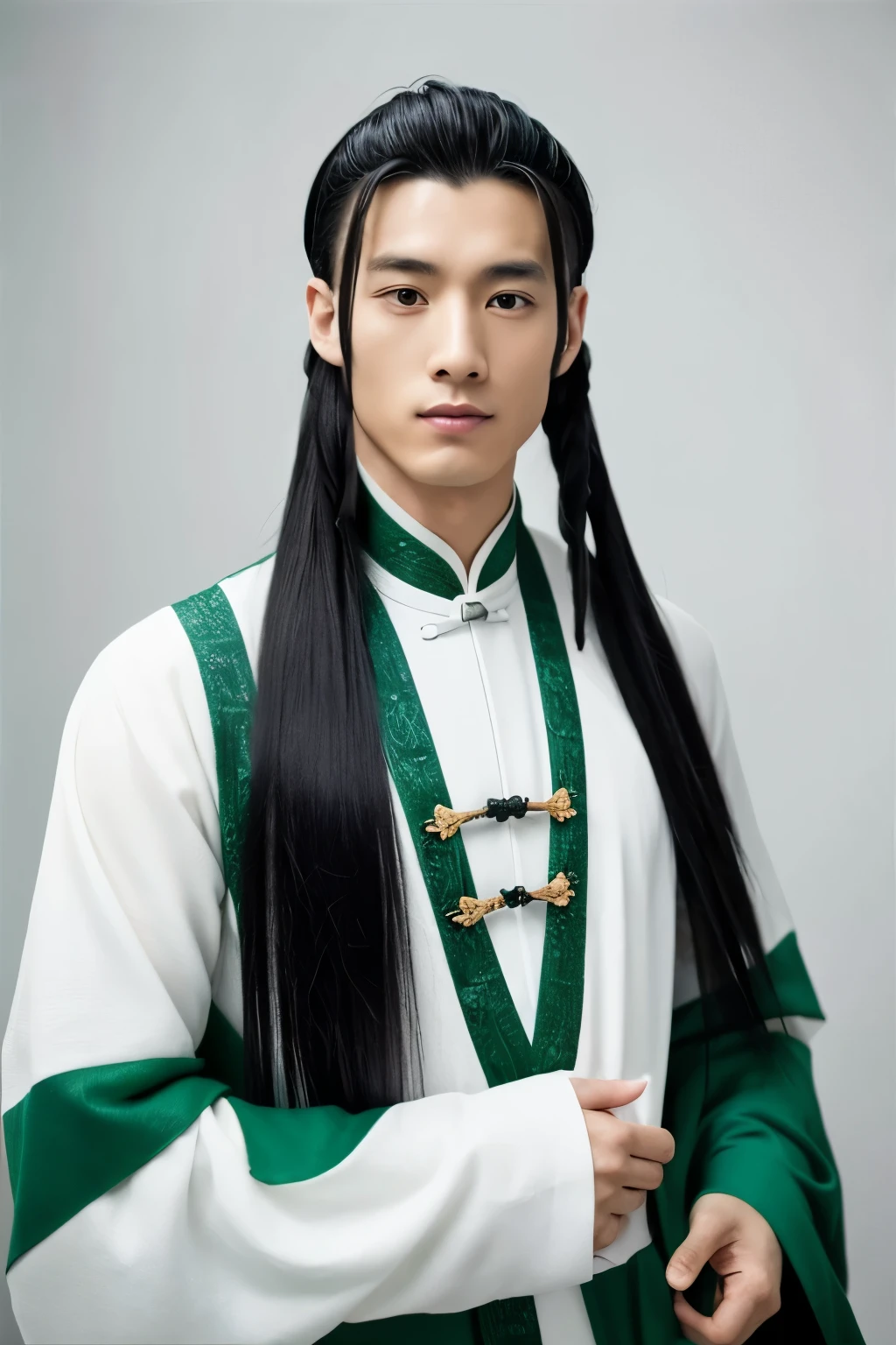 (Best quality, masterpiece), 1 boy, (simple white background: 1.2), black and green hair, ancient Chinese handsome, upper body, ID photo, close-up, long hair,