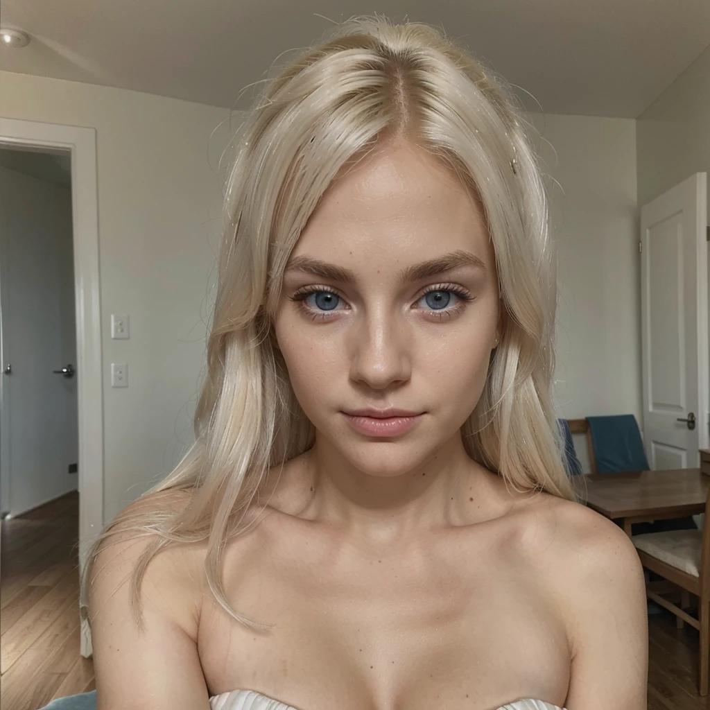 white northerner with platinum blonde hair, platinum subtle natural eyebrows and blue eyes. Fully dressed. No make up, selfie in the room. super realistic and detailed