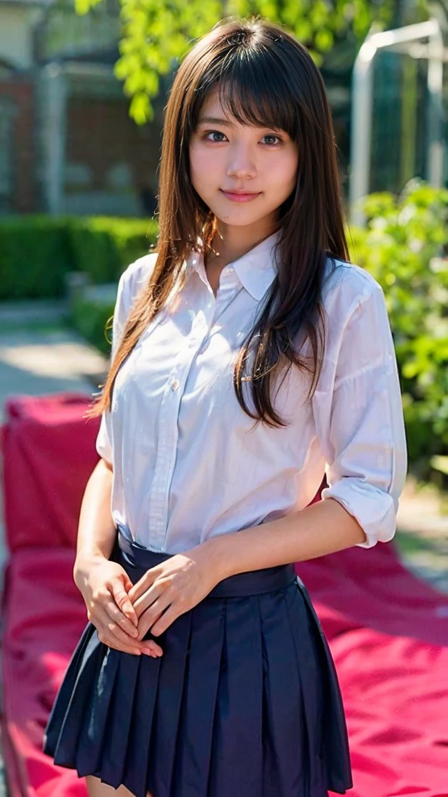 neat college girl、petite person、Outside the field、(Slimed、small tit、flat boobs、small tit)、Photorealsitic、detaileds, Skin Texture, ultra-detailliert、Delicate and sexy collarbone、A smile、Super Detailed Face、Detailed lips、A detailed eye、二重まぶた、sexy pose、((is standing、Schoolgirl Uniform、Sheer white shirt、Navy blue ribbon at the collar、Dark blue pleated micro mini、pull down your pants with both hands,,,,))、NSFW、buttocks visible