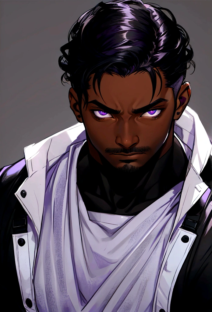 Dark-skinned man, violet eyes, short straight black hair, muscular, with a shy expression on his face, no facial hair, youthful appearance.