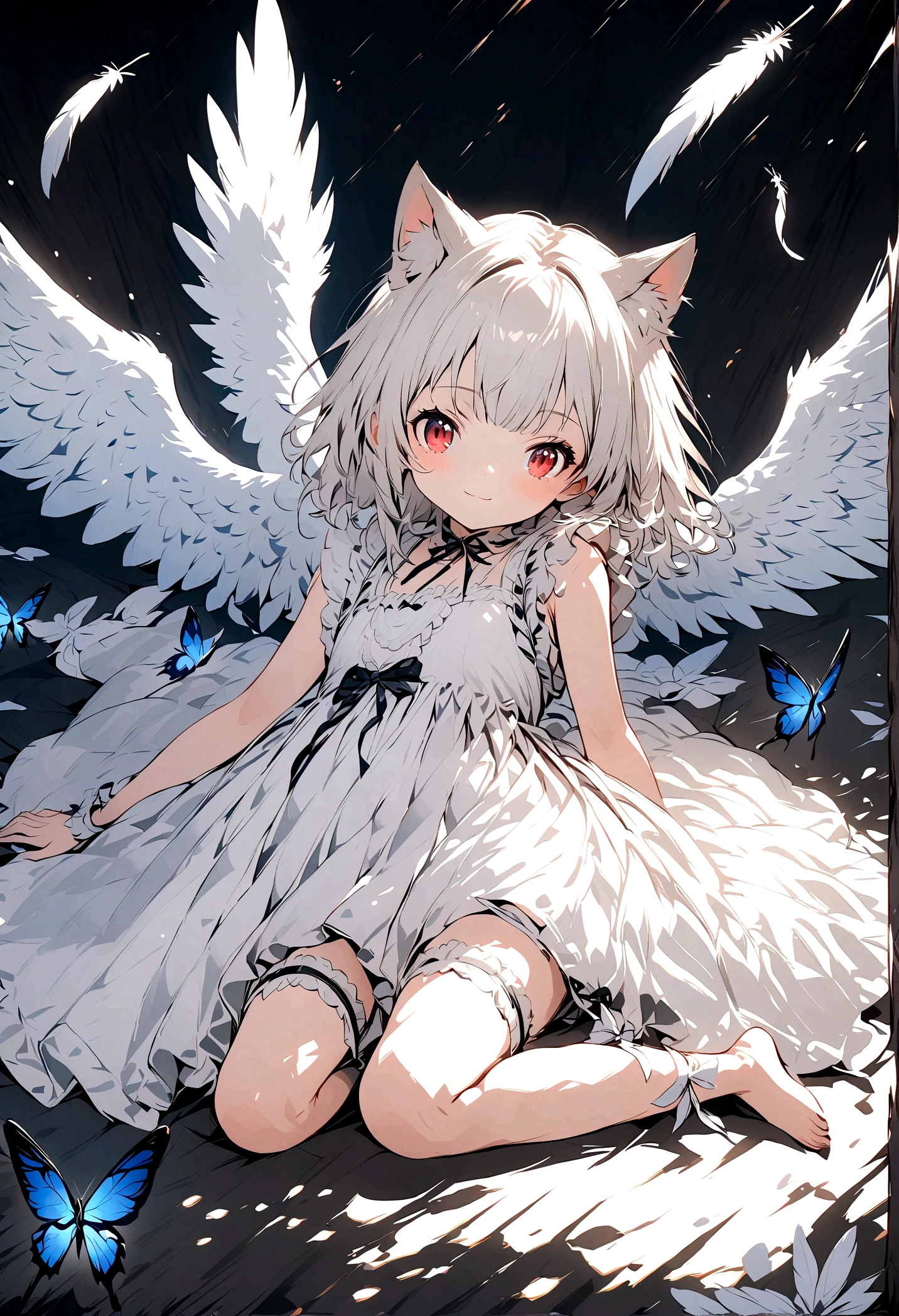 cute loli,cat girl,spread legs,white hair,white dress,red eyes,bare feet,bare legs,wings,angel,innocent,thigh strap,feathers,blue butterflies,thigh bands,elegant