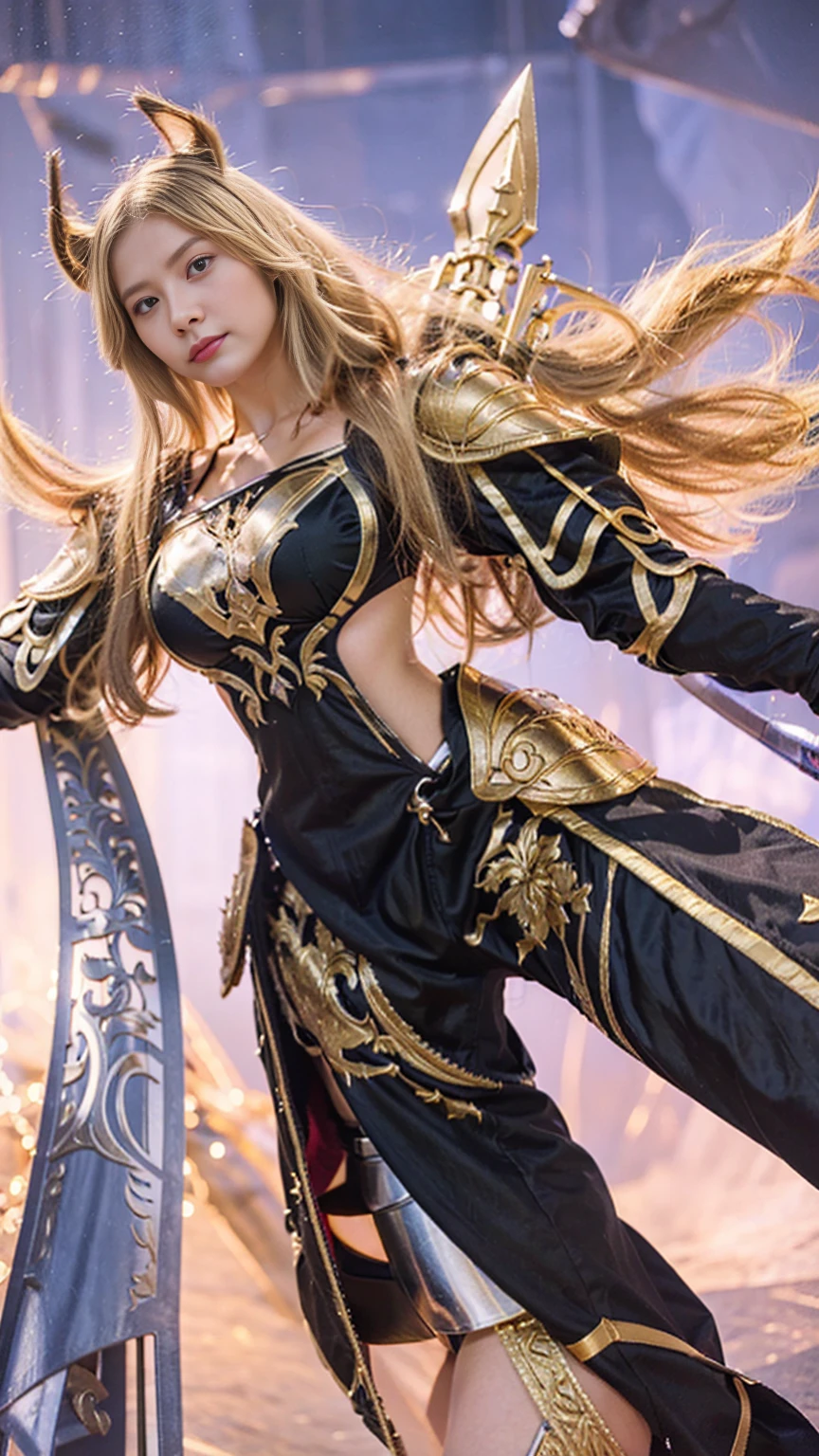 The image features a female character with blonde hair, blue eyes, and a black and gold armor. She is holding a sword with a red hilt.