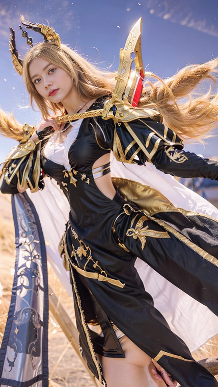  The image features a female character with blonde hair, blue eyes, and a black and gold armor. She is holding a sword with a red hilt.