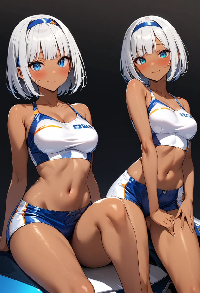 16k works,Highest quality,18-year-old,No background.White background only,whole body、sexy, One person, Beautiful Face,, Symmetrical eyes, Perfect body, Good balance、 Perfect body,Beautiful silver hair、((((Very short hair))))、blue eyes、(hair band)、Blunt bangs, Race Queen、 (((Dark skinned women, Sunburned))), (((skinny))),Tight waist、smile、sit