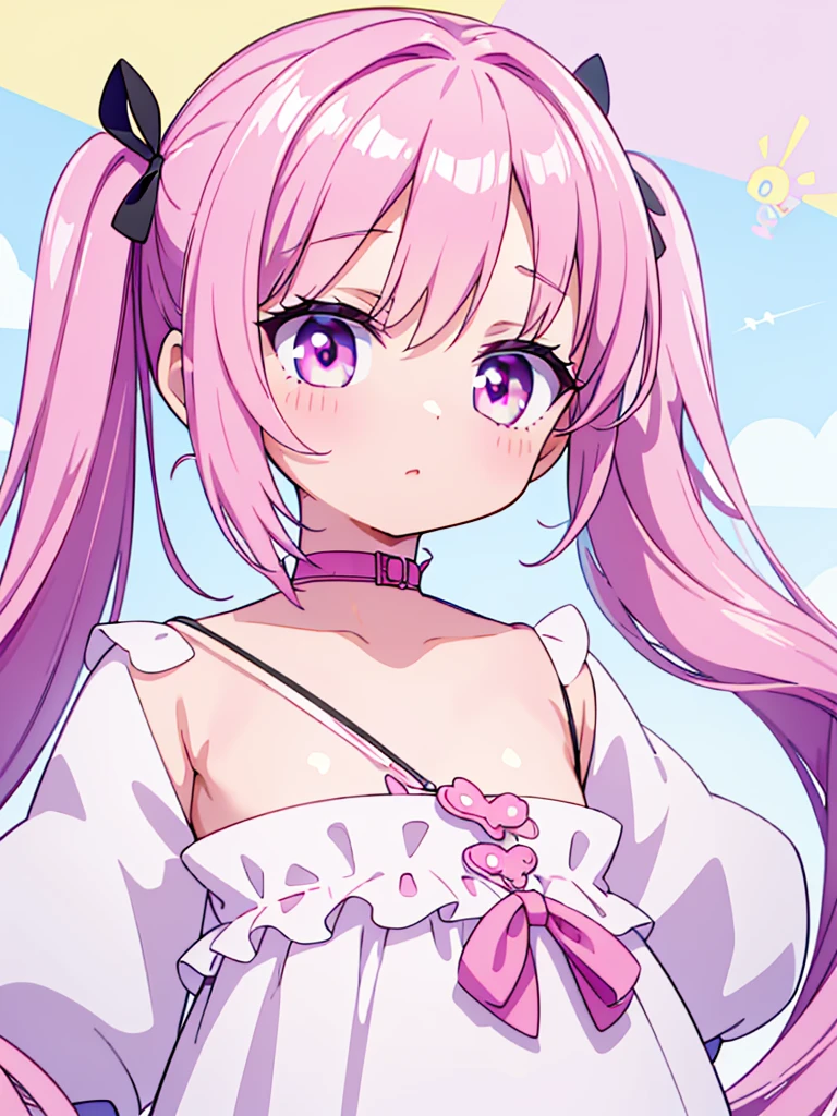 High resolution, extremely detailed, masterpiece, 1girl, long pink pigtails, pink eyes, round face, extremely adorable, premature body, small, short, very cute race, big eyes, ultra cute, simple 