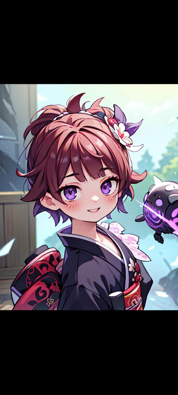 a boy with brown hair, boy with purple eyes, purple streaks in his hair, white kimono with red tips, smiling face, Demon Slayer, Kimetsu No Yaiba, (best quality,4k,8k,highres,masterpiece:1.2),ultra-detailed,(realistic,photorealistic,photo-realistic:1.37),highly detailed face, extremely detailed eyes, beautiful detailed lips, extremely detailed kimono, dramatic lighting, vivid colors, intricate details, digital painting, fantasy art style, cinematic lighting