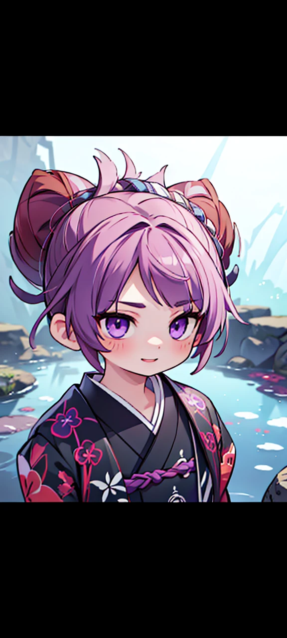 a boy with brown hair, boy with purple eyes, purple streaks in his hair, white kimono with red tips, smiling face, Demon Slayer, Kimetsu No Yaiba, (best quality,4k,8k,highres,masterpiece:1.2),ultra-detailed,(realistic,photorealistic,photo-realistic:1.37),highly detailed face, extremely detailed eyes, beautiful detailed lips, extremely detailed kimono, dramatic lighting, vivid colors, intricate details, digital painting, fantasy art style, cinematic lighting