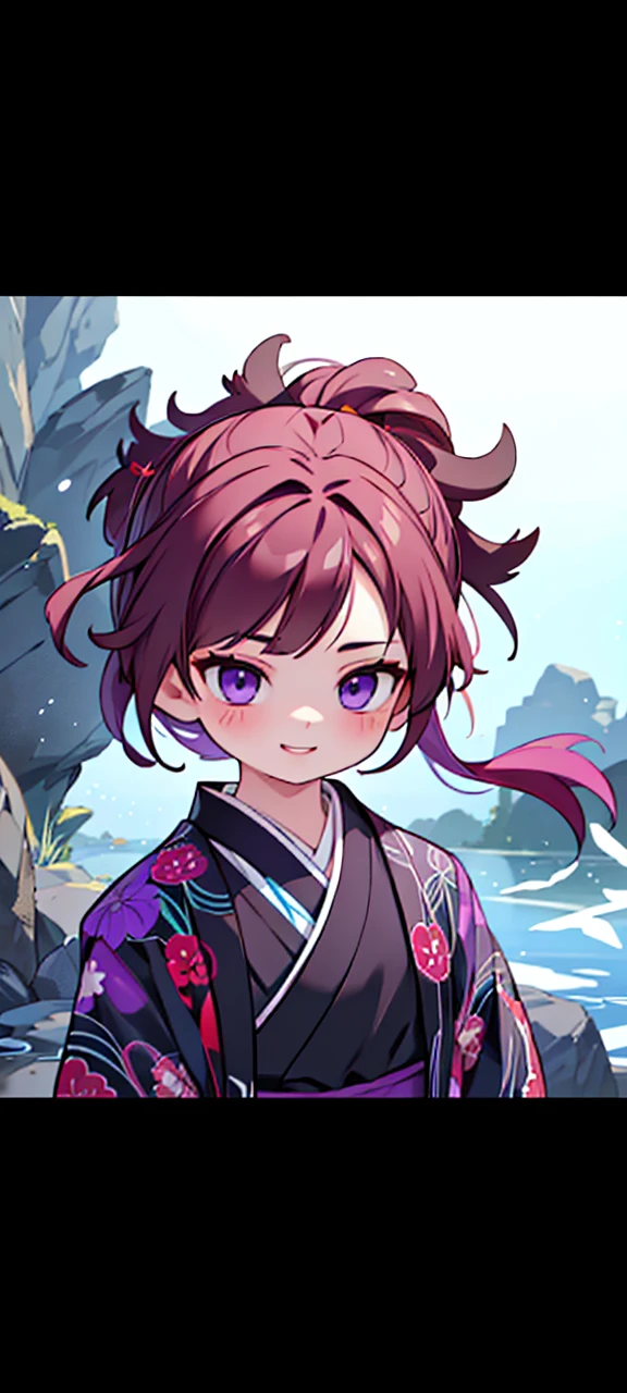 a boy with brown hair, boy with purple eyes, purple streaks in his hair, white kimono with red tips, smiling face, Demon Slayer, Kimetsu No Yaiba, (best quality,4k,8k,highres,masterpiece:1.2),ultra-detailed,(realistic,photorealistic,photo-realistic:1.37),highly detailed face, extremely detailed eyes, beautiful detailed lips, extremely detailed kimono, dramatic lighting, vivid colors, intricate details, digital painting, fantasy art style, cinematic lighting