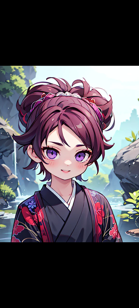 a boy with brown hair, boy with purple eyes, purple streaks in his hair, white kimono with red tips, smiling face, Demon Slayer, Kimetsu No Yaiba, (best quality,4k,8k,highres,masterpiece:1.2),ultra-detailed,(realistic,photorealistic,photo-realistic:1.37),highly detailed face, extremely detailed eyes, beautiful detailed lips, extremely detailed kimono, dramatic lighting, vivid colors, intricate details, digital painting, fantasy art style, cinematic lighting