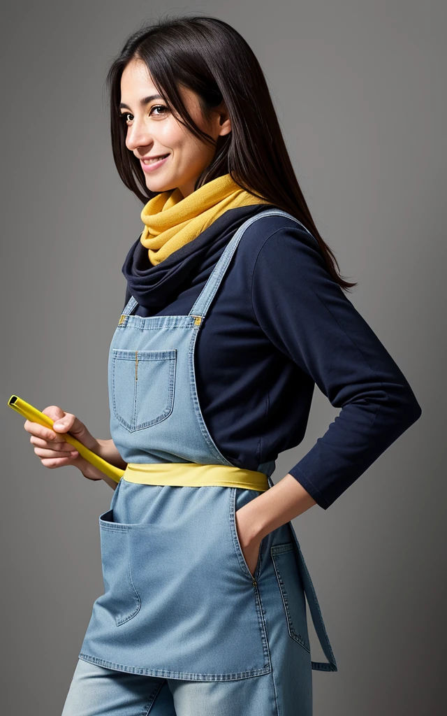 Mary, Female Gender, Brazilian, 35 year old, dark brown straight hair, captivating but modest smile, Holds a squeegee with cloth in your left hand while your right hand wipes away sweat after removing dirt from the environment. She is wearing dark blue jeans, a yellow apron tied around her waist and a scarf holding her hair. The dark gray background of the photo highlights your profile High quality hyper-realistic image, 8k Ultra HD