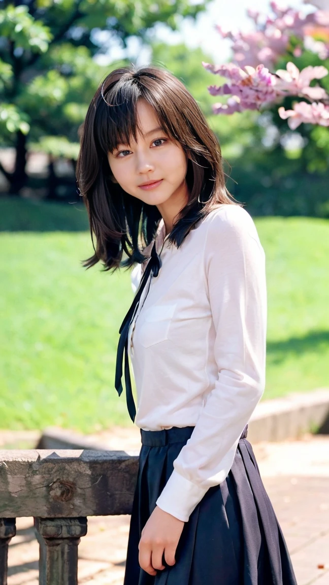 ((((detailed explanation)))),(((masterpiece、Highest quality、Very detailed:1.42、Focus on the eyes)))、Japanese high school girl posing in the schoolyard in the evening。She is wearing a white shirt and a navy blue pleated skirt.、wearing a red ribbon tie。The shirt is clean、Well ironed。Shirt sleeves rolled up slightly to the elbows、A simple silver bracelet shines on her wrist.。The skirt of the uniform is above the knee、The pleats on the skirt are neatly arranged。
The model has naturally straight, shoulder-length black hair.、Bangs should be slightly over the eyebrows。Her hair is bathed in the sunlight、Soft and shining。His face is well-formed.、大きな瞳はShe has a pure and bright expression.。Her skin is translucently white、The slightly reddish cheeks give a healthy impression.。唇は自然なpink色で、When you smile, small dimples appear。
In the background is a large schoolyard.、You can see some rusty iron bars and playground equipment.。The sky is dyed with the sunset、orange、pink、The purple gradation spreads beautifully.。There is a large cherry blossom tree behind the model.、The leaves are swaying in the wind。There are some weeds growing at my feet.、Gives a sense of reality。
The lighting is soft and natural, gently enveloping the model.、Warm hues illuminate her face and uniform.。She has a natural smile、Her left hand is lightly lifting the edge of her skirt。The right hand is placed on the hip、The pose is relaxed yet somewhat confident.。Her eyes are on the camera、She has a pure and bright expression.。
Overall、A fusion of the freshness of youth and the calm atmosphere of the evening.、The aim is to create an elegant yet approachable photographic image.。