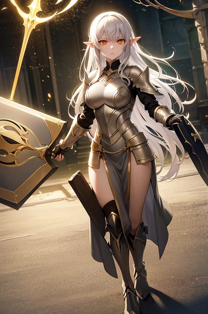 1 woman , elf, pale skin, silver hair, glowing golden eyes, muscule body, full body armor, full body, dungeon background, closed body by armor, hold a spear and shield