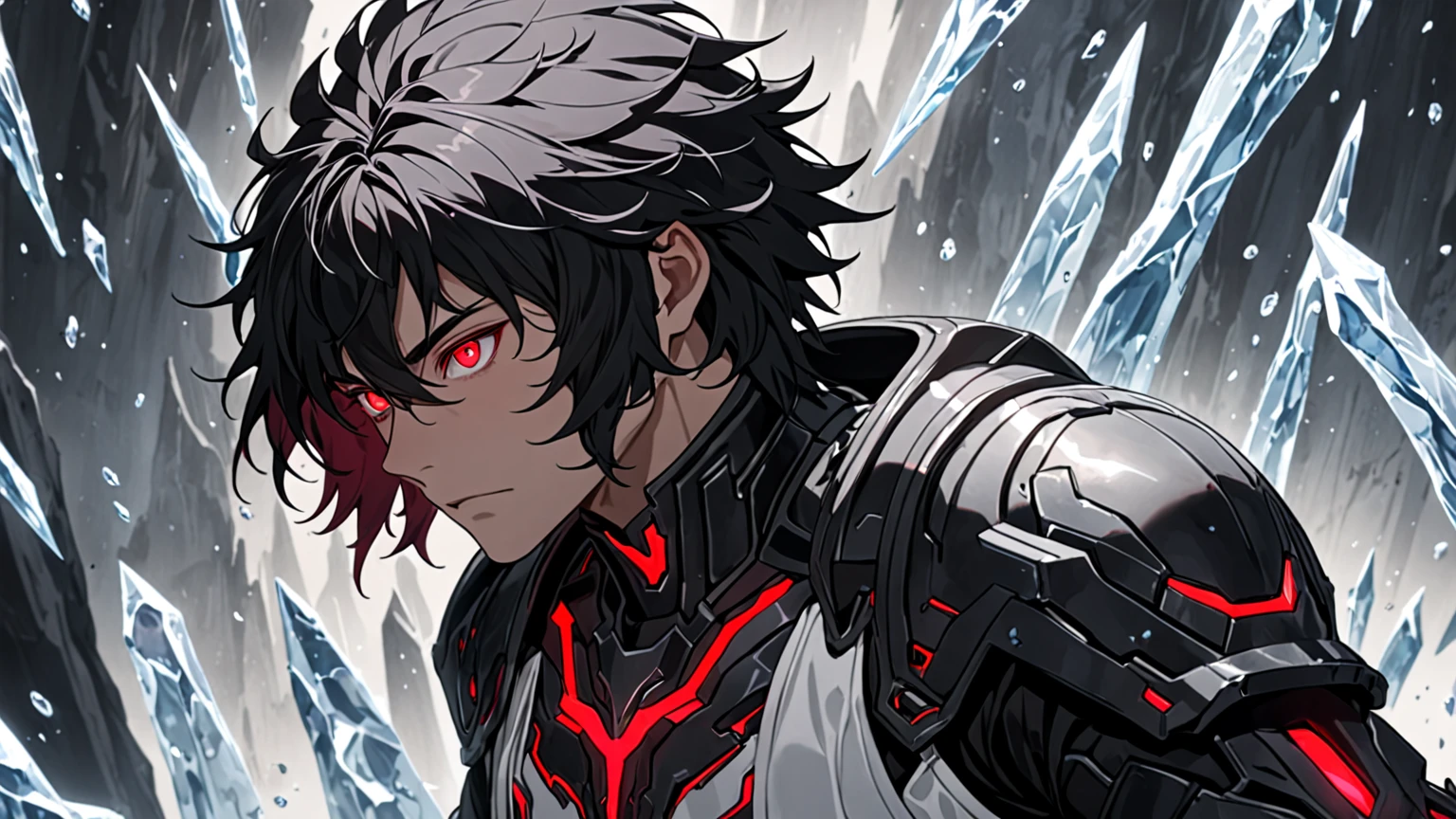 1boy, masterpiece, best quality, very aesthetic, absurdres,newest, anime style, sung jin-woo, solo leveling, black hair, HairDetailer, (ice neon palette black tech rogue armor:1.3)), (White jacket:1.3), (glows deep ruby red eyes:1.2), (gradient eyes:1.2), (symmetrical eyes:1.2), big highlight on eyes:1.3), BeautifulEye, dynamic angle, GoodHands, intricate, surreal, intricate, Add Detail,