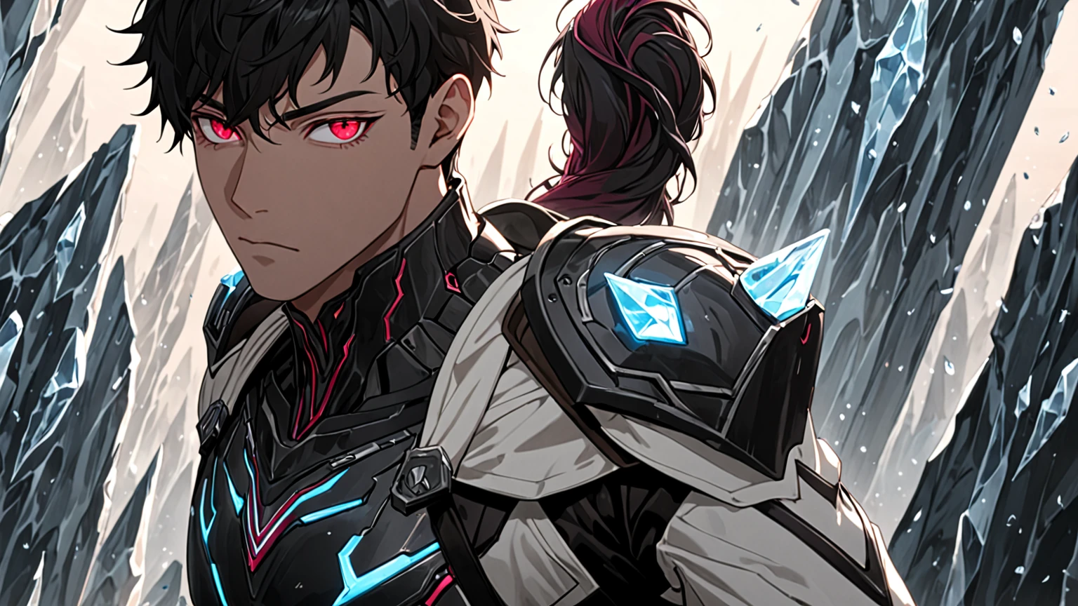 1boy, masterpiece, best quality, very aesthetic, absurdres,newest, anime style, sung jin-woo, solo leveling, black hair, HairDetailer, (ice neon palette black tech rogue armor:1.3)), (White jacket:1.3), (glows deep ruby red eyes:1.2), (gradient eyes:1.2), (symmetrical eyes:1.2), big highlight on eyes:1.3), BeautifulEye, dynamic angle, GoodHands, intricate, surreal, intricate, Add Detail, 