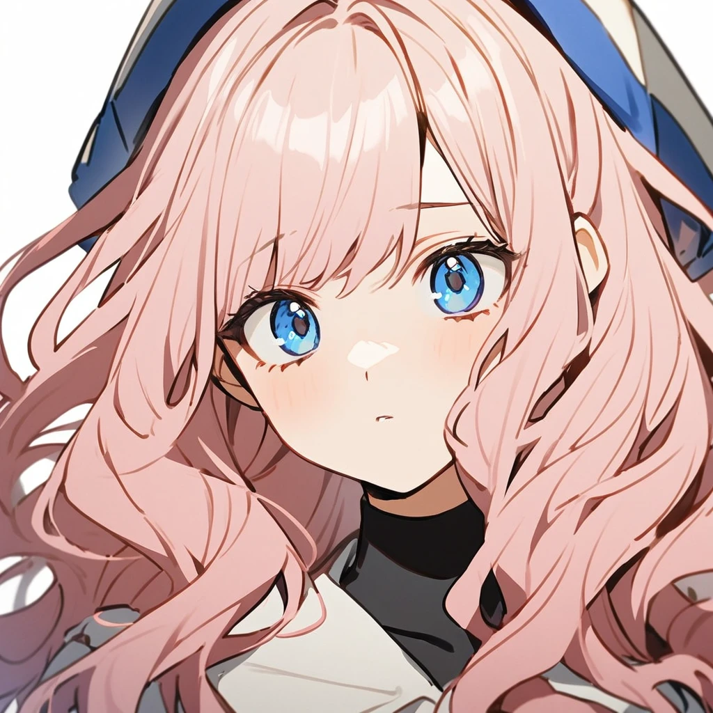 1 girl in the style of Boku no Hero, long wavy hair, light pink hair, hair with blue tips, light blue eyes,tilted face,pr clothes,White background