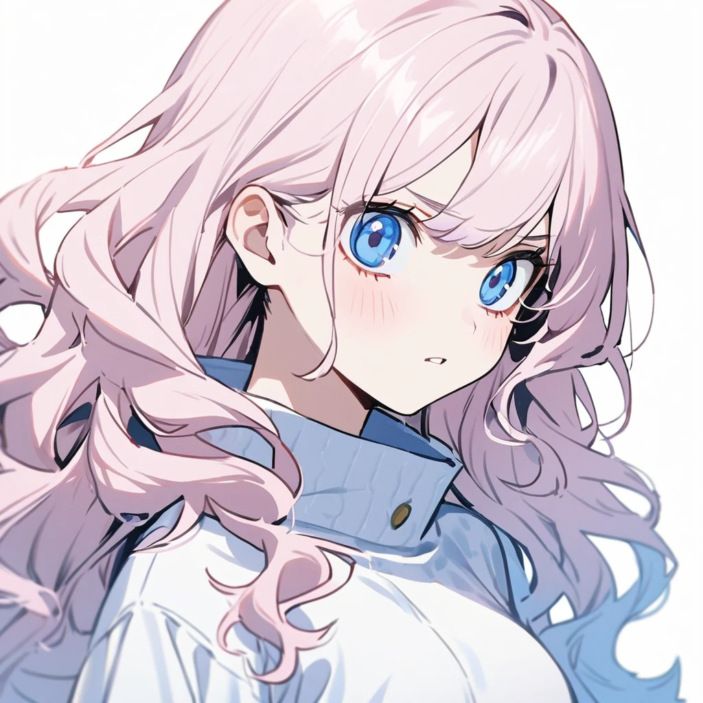 1 girl in the style of Boku no Hero, long wavy hair, light pink hair, hair with blue tips, light blue eyes,tilted face,pr clothes,White background 