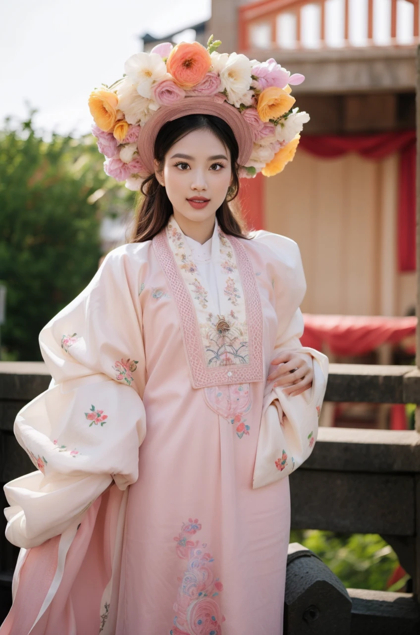 A portrait of a young woman in traditional Asian attire, styled in an elegant and sophisticated manner. She has long, straight black hair with a slight wave, adorned with an elaborate and colorful floral headdress made of various flowers in shades of pink, yellow, white, and purple. The headdress is large and full, covering the top of her head and framing her face beautifully. She is wearing a traditional pink and white embroidered gown.