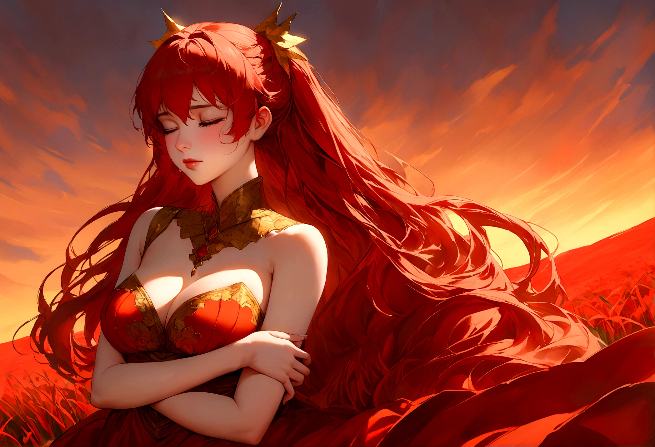 “Unconscious fire mage with Asuka Langley’s features, eyes gently closed, delicate tear tracks on her porcelain cheeks. Delicate feminine visage framed by long, flowing crimson hair. Voluptuous, curvaceous form partially visible through the tattered, ripped fabric of her medieval-style dress. Ornate golden embroidery and accents adorn the dress, giving it an imperial western aesthetic. Cradled tenderly in someone’s arms, positioned in a field of scarlet grass. Warm golden glow from the setting sun bathes the scene. Vulnerable yet powerful, a young woman of divine beauty in a moment of weakness. Highly detailed, realistic yet fantastical rendering.”

“Asuka Langley as an unconscious fire mage, eyes shut with faint tear stains on her fair complexion. Elegant facial structure, lush crimson tresses spilling out. Voluptuous yet slender form partially exposed due to rips and tears in her medieval attire. Ornate golden embroidery and accents decorate the dress, lending it an imperial western style. Resting in the embrace of a mysterious figure, surrounded by a fiery red landscape bathed in amber light. Serene, almost angelic expression despite her magical abilities. Painterly, high-detail depiction.”

“Unconscious fire mage with Asuka Langley’s youthful visage, eyes closed with delicate tear tracks. Long, flowing crimson hair frames her delicate features. Curvaceous yet slender body partially visible through the tattered, ripped fabric of her medieval-style dress. Ornate golden embroidery and accents adorn the dress, giving it an imperial western aesthetic. Cradled gently in someone’s arms, amidst a field of scarlet grass under a golden sunset sky. Vulnerable and serene, belying the immense power she commands. Highly detailed, fantastical yet realistic rendering.”