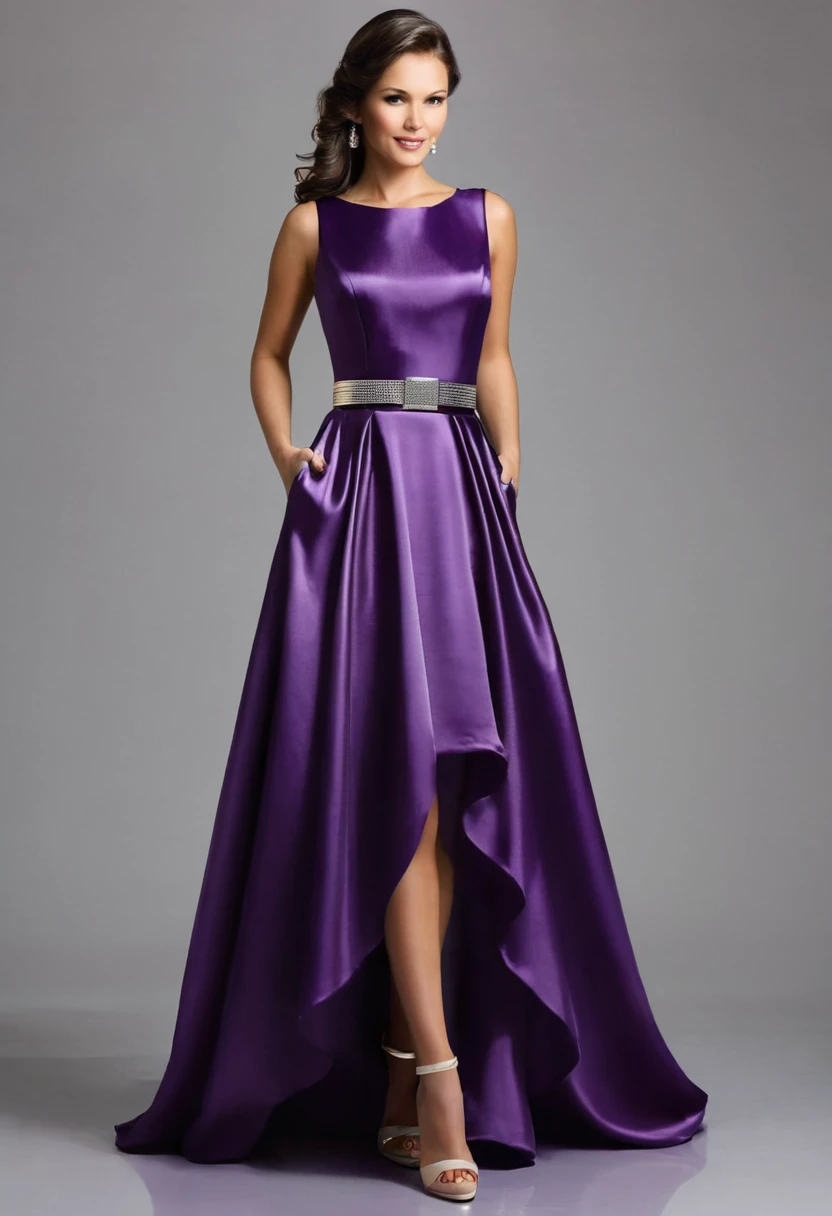 Design a woman' party dress in purple, with a long length, satin fabric, and a shiny belt. This dress should be designed for a formal event and should be elegant and stunning.