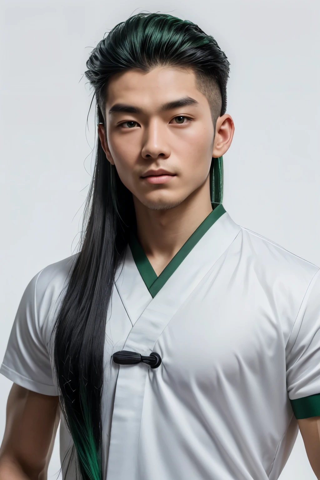 (Best quality, masterpiece), 1 boy, (simple white background: 1.2), black and green hair, ancient Chinese handsome, upper body, ID photo, close-up, long hair,
