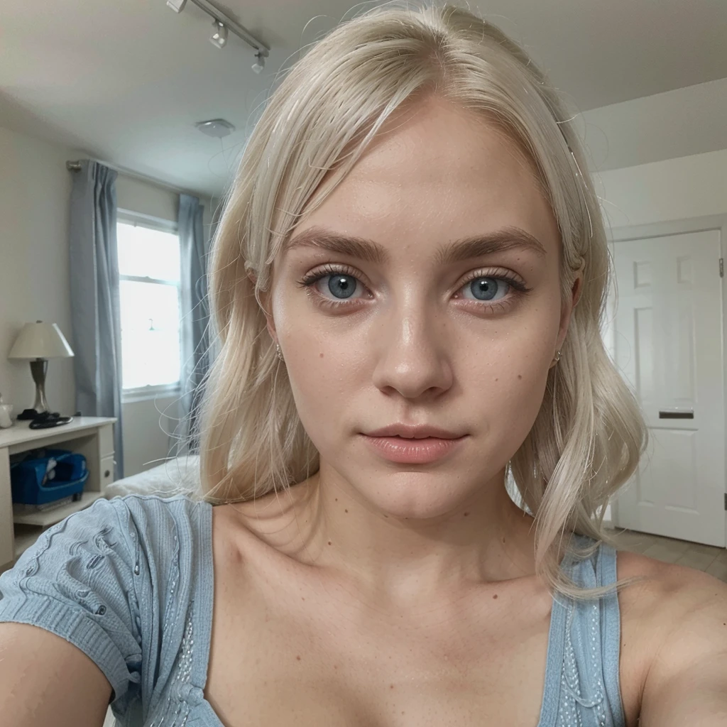 white northerner with platinum blonde hair, platinum subtle natural eyebrows and blue eyes. vulgarly dressed. No make up, selfie in the room. super realistic and detailed 