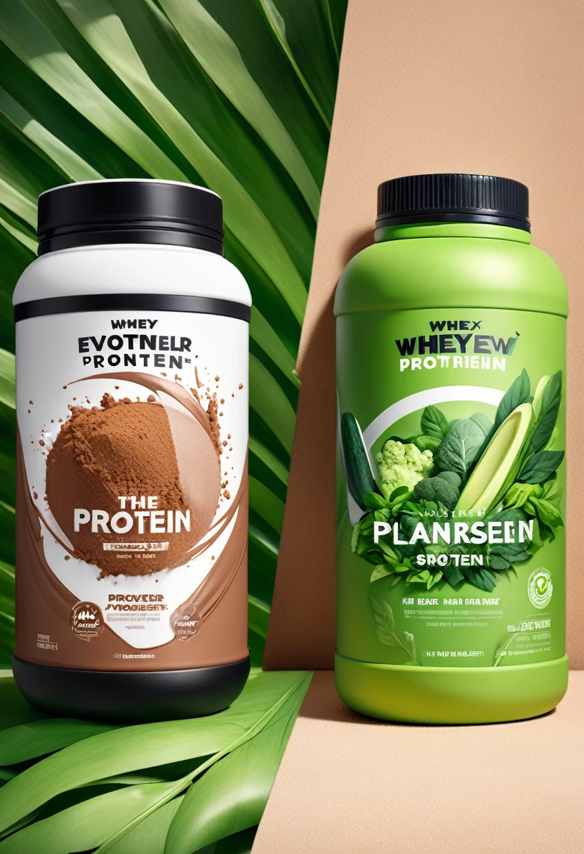 Create a split-screen digital art image, divided horizontally. The top half should depict a highly detailed and realistic image of Whey protein powder, featuring a stylish container with 'Whey Protein' prominently displayed. Surround the container with elements that represent fitness and strength, such as dumbbells, a shaker bottle, and a vibrant, energetic background. The bottom half should feature a similarly detailed and realistic image of Plant-based protein powder, showcasing a stylish container labeled 'Plant-Based Protein.' Include elements that symbolize health and nature, like green leaves, a bowl of mixed vegetables, and a serene, natural background. The overall style should be cohesive, vibrant, and dynamic, emphasizing the contrast between the two types of protein.