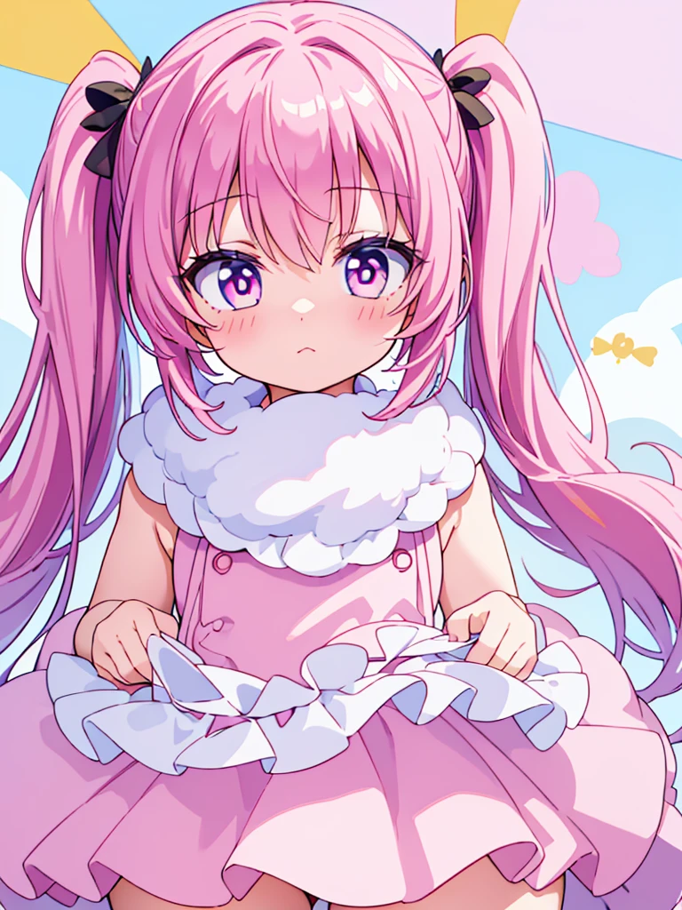 High resolution, extremely detailed, masterpiece, 1girl, long pink pigtails, pink eyes, round face, extremely adorable, premature body, small, short, very cute race, big eyes, ultra cute, simple