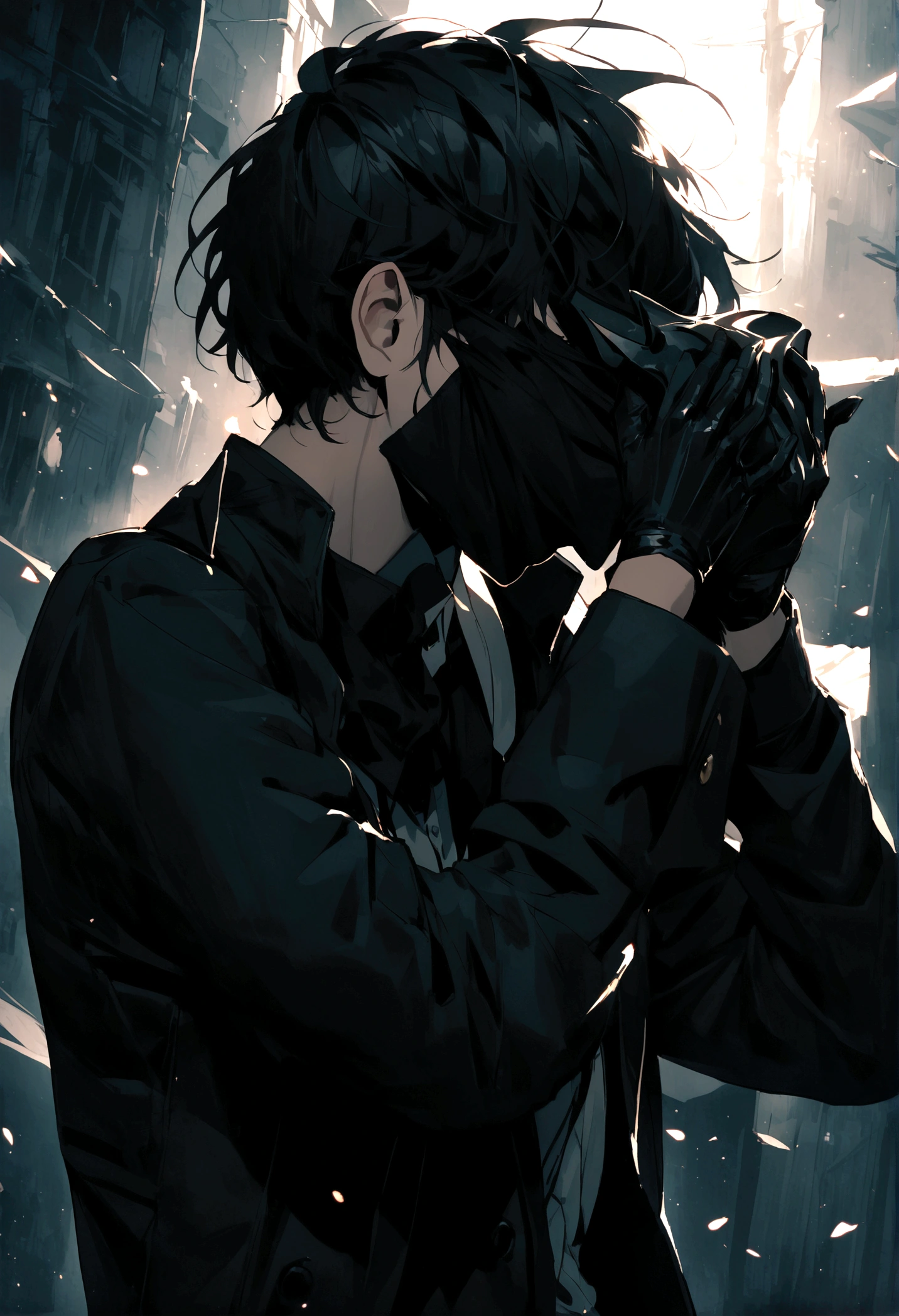 Create a boy with a mask covering his entire face, and wearing a black jacket.