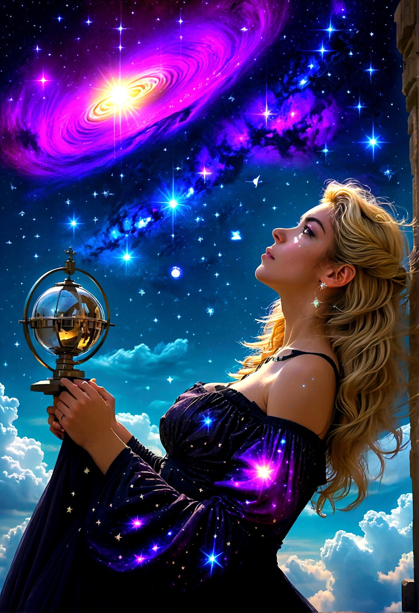 a portrait of an astrologer looking to the sky at ((libra constellation: 1.5)) in the night sky, an extraordinary beautiful woman, there is magic in her eyes divining the future from the Libra constellation, blond hair, dynamic hair style, wearing an intricate dark red dress decorated with glowing stars, she looks to the night sky seeing the ((Libra constellation in the sky: 1.5)), vibrant, Ultra-high resolution, High Contrast, (masterpiece:1.5), highest quality, Best aesthetics), best details, best quality, highres, 16k, [ultra detailed], masterpiece, best quality, (extremely detailed), Cinematic Hollywood Film, magical sky, FireMagicAI, dark novel