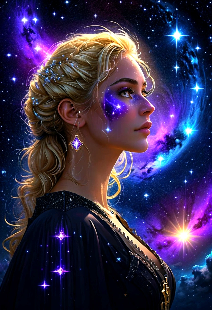 a portrait of an astrologer looking to the sky at libra constellation in the night sky, an extraordinary beautiful woman, there is magic in her eyes divining the future from the Libra constellation, blond hair, dynamic hair style, (best detailed face: 1.5), wearing an intricate dark purple dress decorated with glowing stars, she looks to the night sky seeing the ((Libra constellation in the sky: 1.5)), vibrant, Ultra-high resolution, High Contrast, (masterpiece:1.5), highest quality, Best aesthetics), best details, best quality, highres, 16k, [ultra detailed], masterpiece, best quality, (extremely detailed), Cinematic Hollywood Film, magical sky, 