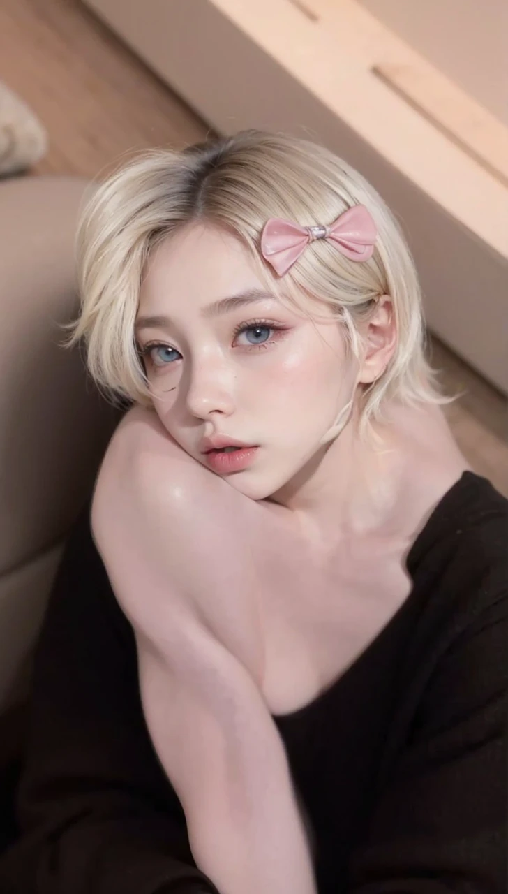 a woman with colorful hair sitting at a table, beautiful detailed eyes, beautiful detailed lips, extremely detailed eyes and face, long eyelashes, adorable and pale korean face, ulzzang, intelligent, short hair, tomboy style, platinum blonde hair, (best quality,4k,8k,highres,masterpiece:1.2),ultra-detailed,(realistic,photorealistic,photo-realistic:1.37), portrait, ulzzang, fashion, soft lighting, warm colors, cinematic, intricate details, with long and beautiful rabbit ears, magical like cartoon
