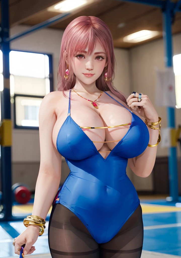 Honoka, bracelet,ring, university student,Pink Hair,Huge breasts,Cleavage,Low-cut,pantyhose,cute,necklace,earrings,physical education馆,sports,shy,Red lips,Gymnastics服,Coverall,Gymnastics,physical education,Bodybuilding,Tight Fit,sports装