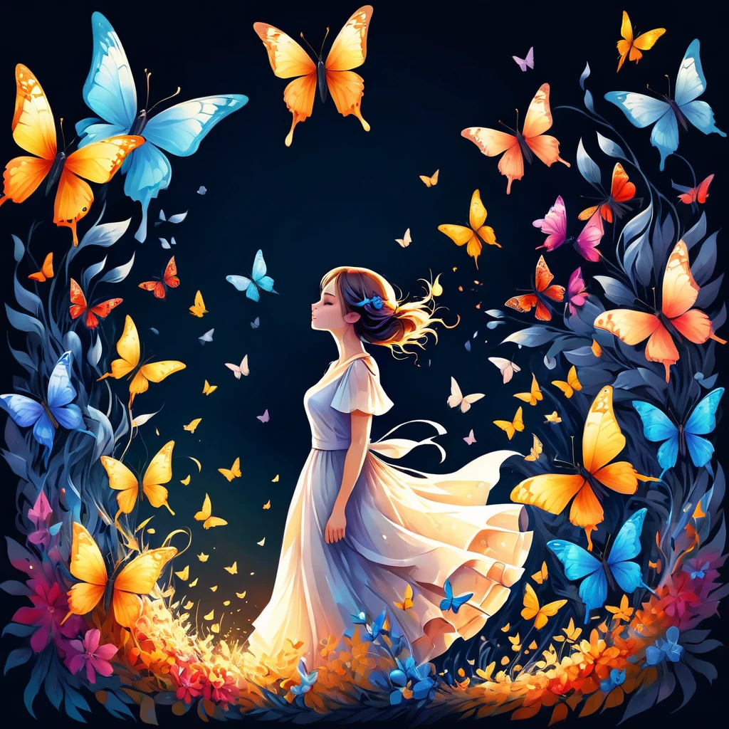 A masterpiece of vector graphics,
Best quality and high resolution, chaos, elegant, Vivid colors, Atmospheric, profile picture of a girl , elegant, butterflies, blooming flowers, moving, dramatic, Full body, organic composition, Aquarell 