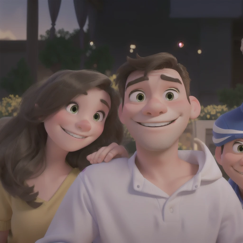 Generate an image of the couple in the photo smiling in the Disney Pixar cartoon style and remove that person in blue behind the couple