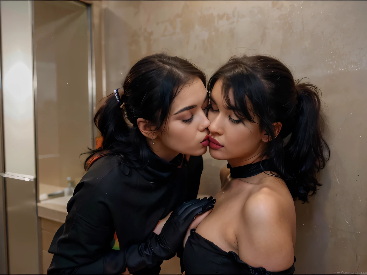 proFessional  photograph oF a gorgeous eyes closed soaked Bettie page girl and  her sister, (( pushed againts the wall,  grabbing her from behind, kissing her on the neck,biting his ear )dressed with a large black cloth coat,ponytail Black hair, red lipstick,black long maxi-skirt(black long maxi-skirt:1.2),sultry Flirty look, gorgeous symmetrical Face, joli maquillage naturel, wearing elegant warm winter Fashion clothing,flirting with the camera, ((black  gloves)),, ultra realistic, art conceptuel, elegant, Very detailed, complexe, sharp Focus, depth oF Field, F/1. 8, 85mm, (((proFessionally color graded))), bright soFt diFFused light, (volumetric Fog), tendance sur Instagram, hdr 4k, 8K