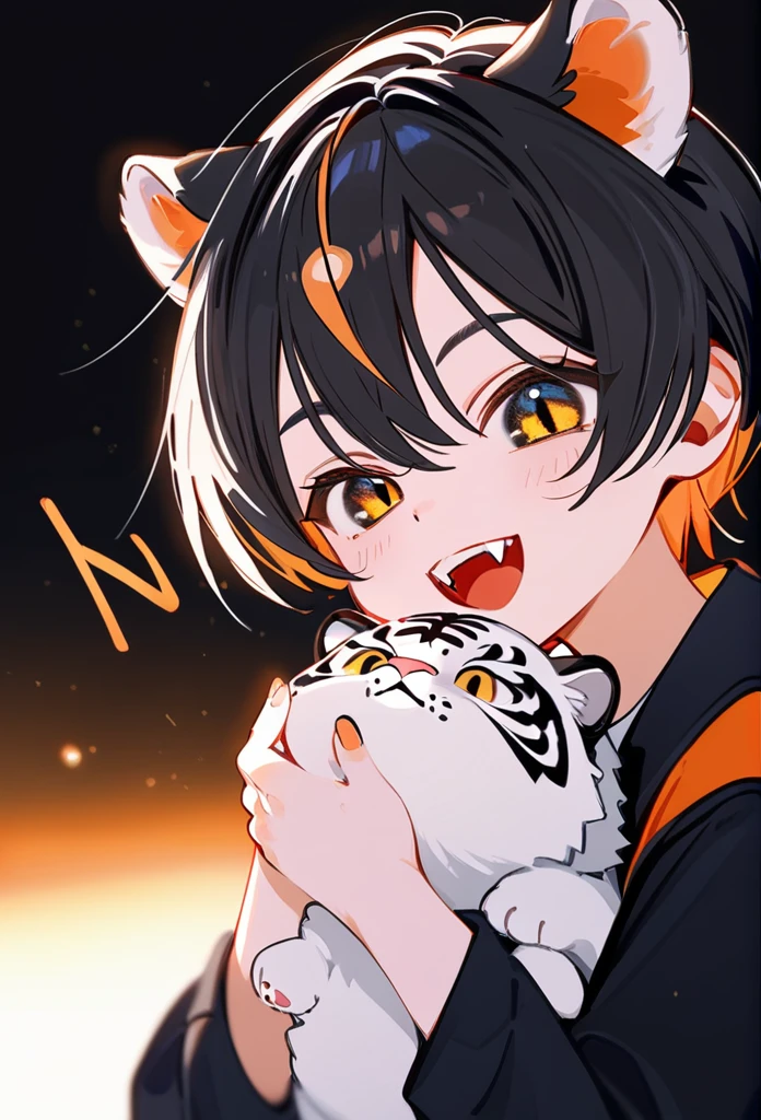 masterpiece, best quality, upper body, score_9,black hair with orange streaks,black hair,orange streaks, fangs,smile,black eyes,oversized black jacket,older woman,short hair,orange and black spraypaint background,cool pose,close up,blur,lights,effects,close up,smile with fangs,holding fluffy tbaby tiger,holding baby tiger,1woman,older woman,holding tiger