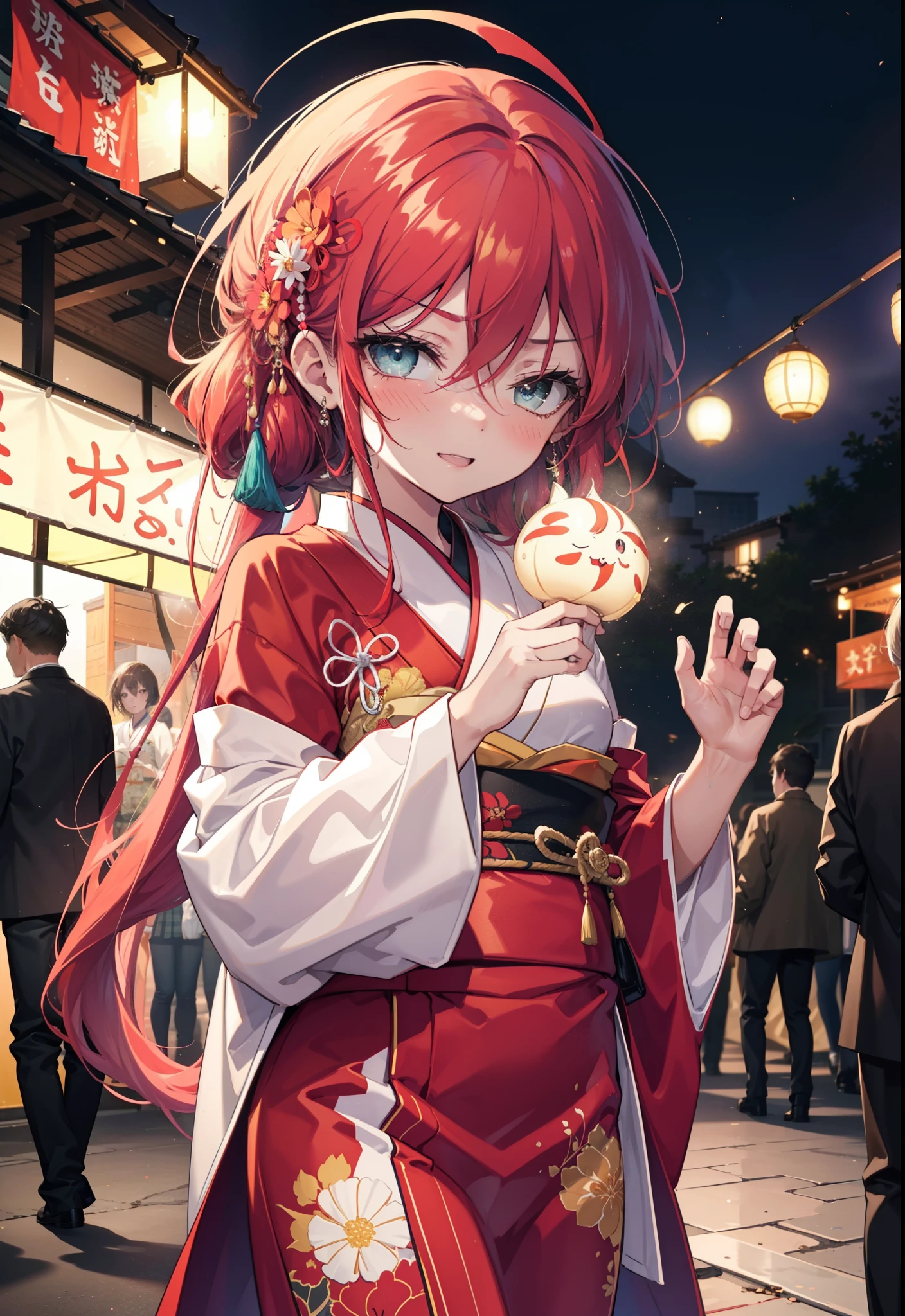 Shana,灼眼のShana,Long Hair, Red hair,Red eyes,Ahoge,smile,blush,Open your mouth,hair tied back,blush,Red Kimono,Thick sleeves,Red long skirt,日本のfestival,夏festivalの屋台,Red lantern,night,So that the whole body goes into the illustration,Walking,　　　　　　　　　　　  break looking at viewer, Upper Body (Cowboy Shot:1. 5),  　　　　　　　　　　　　　　　　　　break outdoors, shrine,festival, 　　　　　　　　　　　　　break (masterpiece:1.2), Highest quality, High resolution, unity 8k wallpaper, (shape:0.8), (Beautiful and beautiful eyes:1.6), Highly detailed face, Perfect lighting, Highly detailed CG, (Perfect hands, Perfect Anatomy),