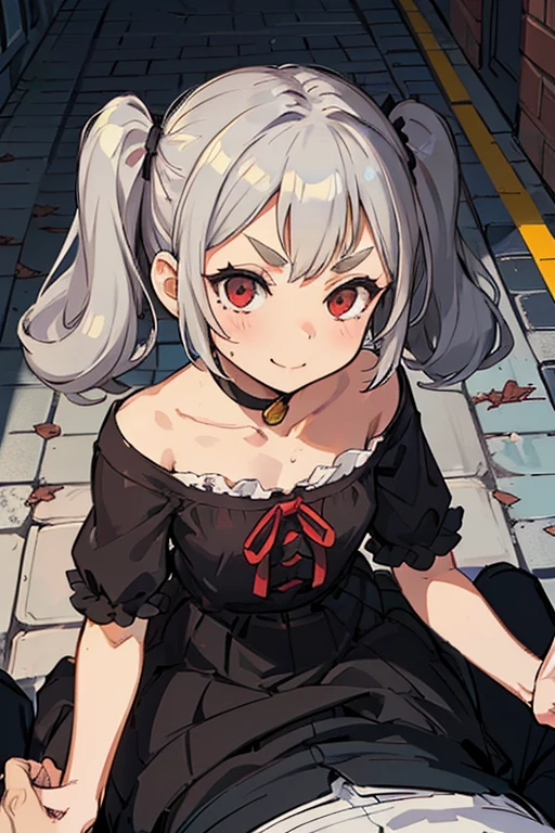 Young girl with grey hair, ((fringed and curly hair)),((curly short twintail)), curly hair ,(red eyes),, ((small bushy eyebrows)), wearing gothic lolita clothing, lolicon , to school, bored eyes, bored face (Zankuro) drawing style by zankuro artist, Zancrow style, image uploaded in R34, walking in the mall, flirty smile , suddenly having sex in public, ((doggy style sex)), ((public sex )) naked ass in the male crotch, old man , ((being raped by a decrepit old man in a dirty alley, ((male pov))