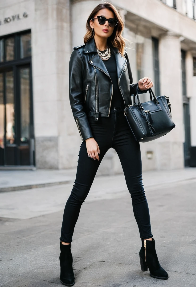  Pair a sleek black leather biker jacket with high-waisted skinny jeans and ankle boots. Add a bold statement necklace and a leather tote bag for a perfect city look.
