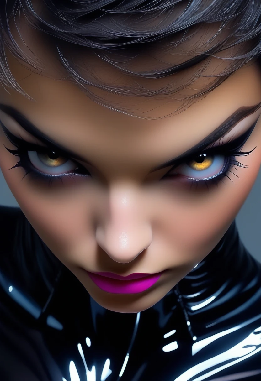 ((Masterpiece)), ((Best Quality)), (Very Detailed), ((Very Detailed)), 4K, (8K), very aesthetic, absurdres highres, Beautiful woman in a catsuit covered up to her neck All-black corset, collars, ((top-quality, 8K, 4k, Masterpiece 1.3)),Clear Focus, Beautiful Women in Perfect Figure, Slender Abs, Moist Body, Highly detailed face and skin textures,Detailed eyes,double eyelid,a pixie cut, Sexy Posing, Exciting makeup, Bold makeup, sugestive eyes,