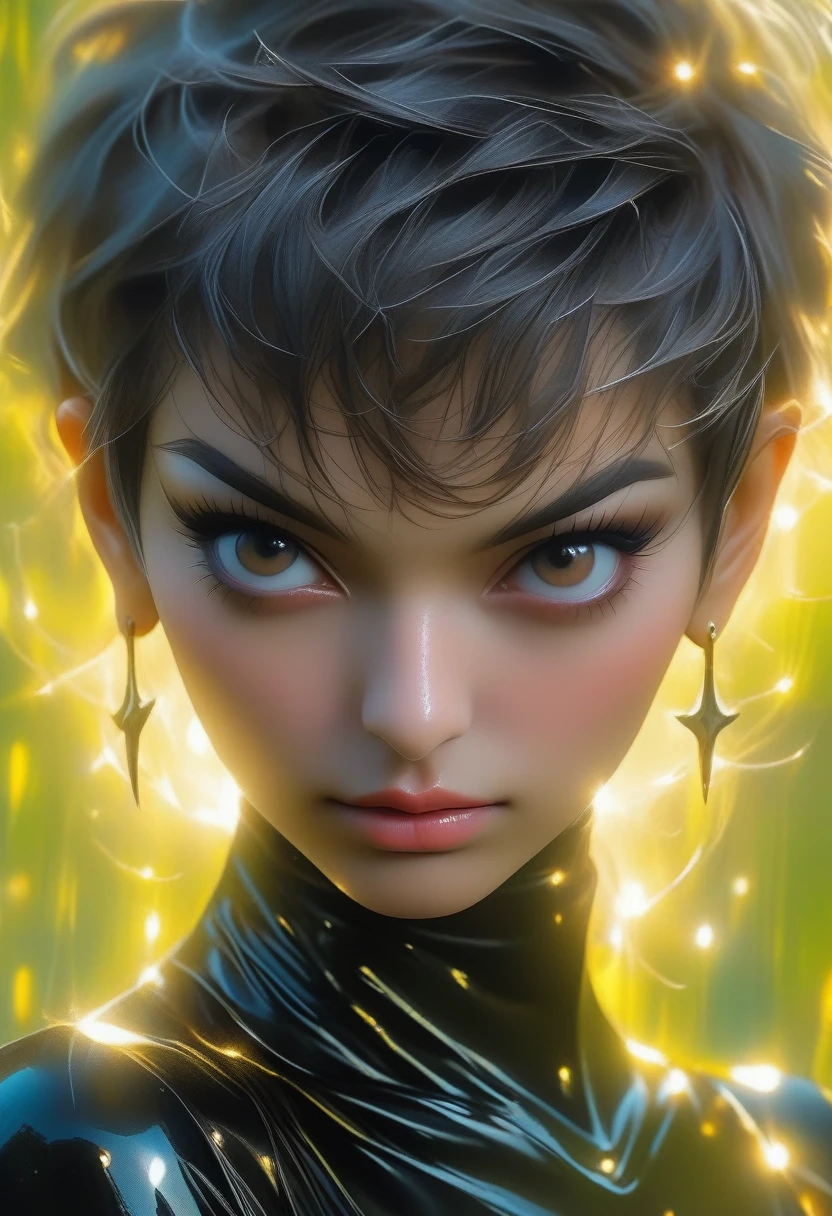 ((Masterpiece)), ((Best Quality)), (Very Detailed), ((Very Detailed)), 4K, (8K), very aesthetic, absurdres highres, Beautiful woman in a catsuit covered up to her neck All-black corset, collars, ((top-quality, 8K, 4k, Masterpiece 1.3)),Clear Focus, Beautiful Women in Perfect Figure, Slender Abs, Moist Body, Highly detailed face and skin textures,Detailed eyes,double eyelid,a pixie cut, Sexy Posing, Exciting makeup, Bold makeup, sugestive eyes,