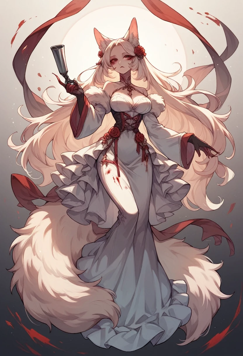 beautiful girl, full body, beautiful eyes, long thick hair, bloody revolver, fluffy animal