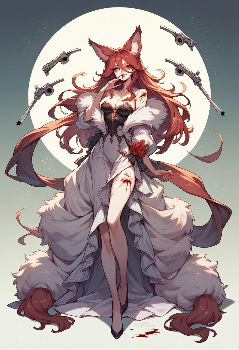 beautiful girl, full body, beautiful eyes, long thick hair, bloody revolver, fluffy animal