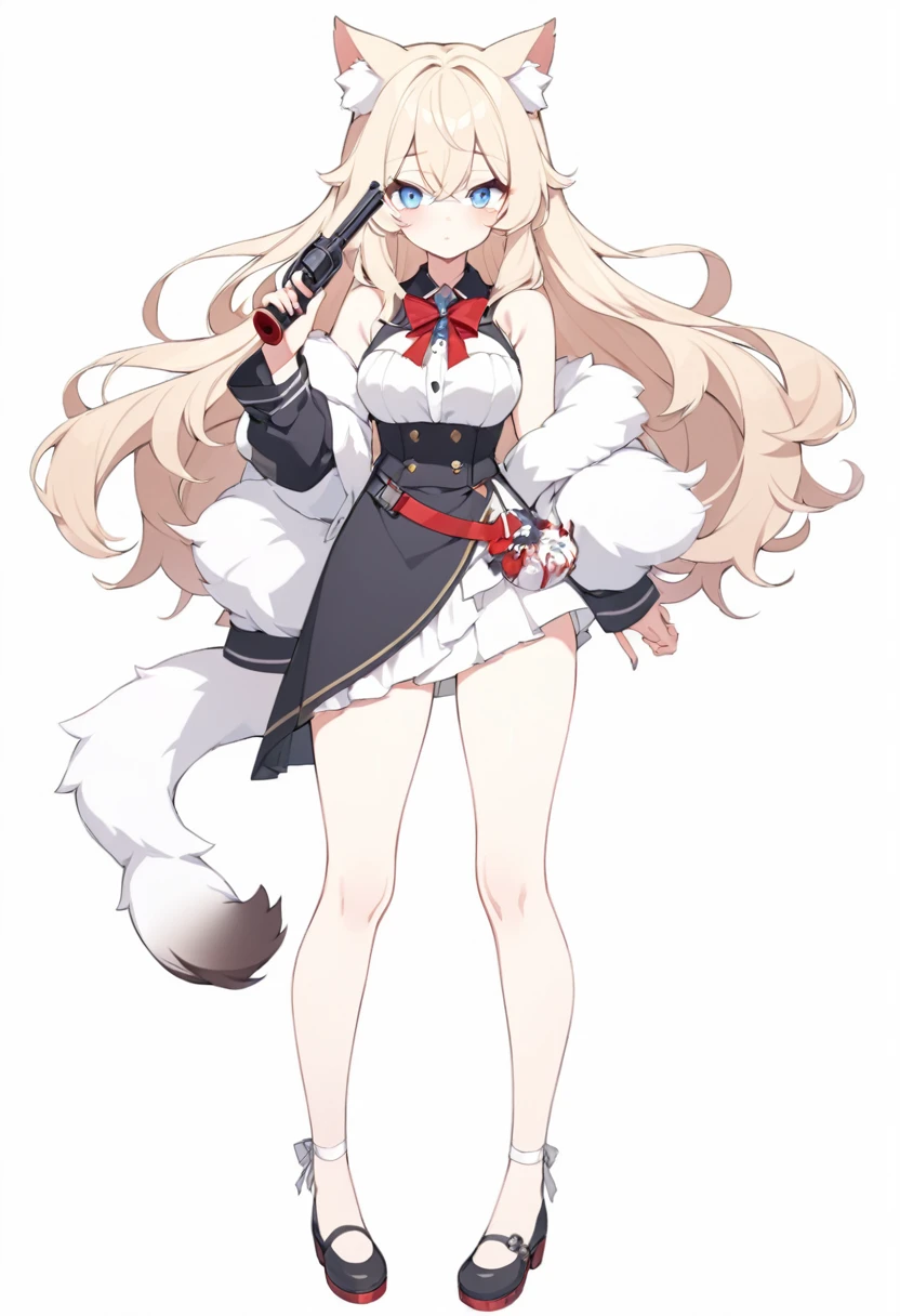 beautiful girl, full body, beautiful eyes, long thick hair, bloody revolver, fluffy animal