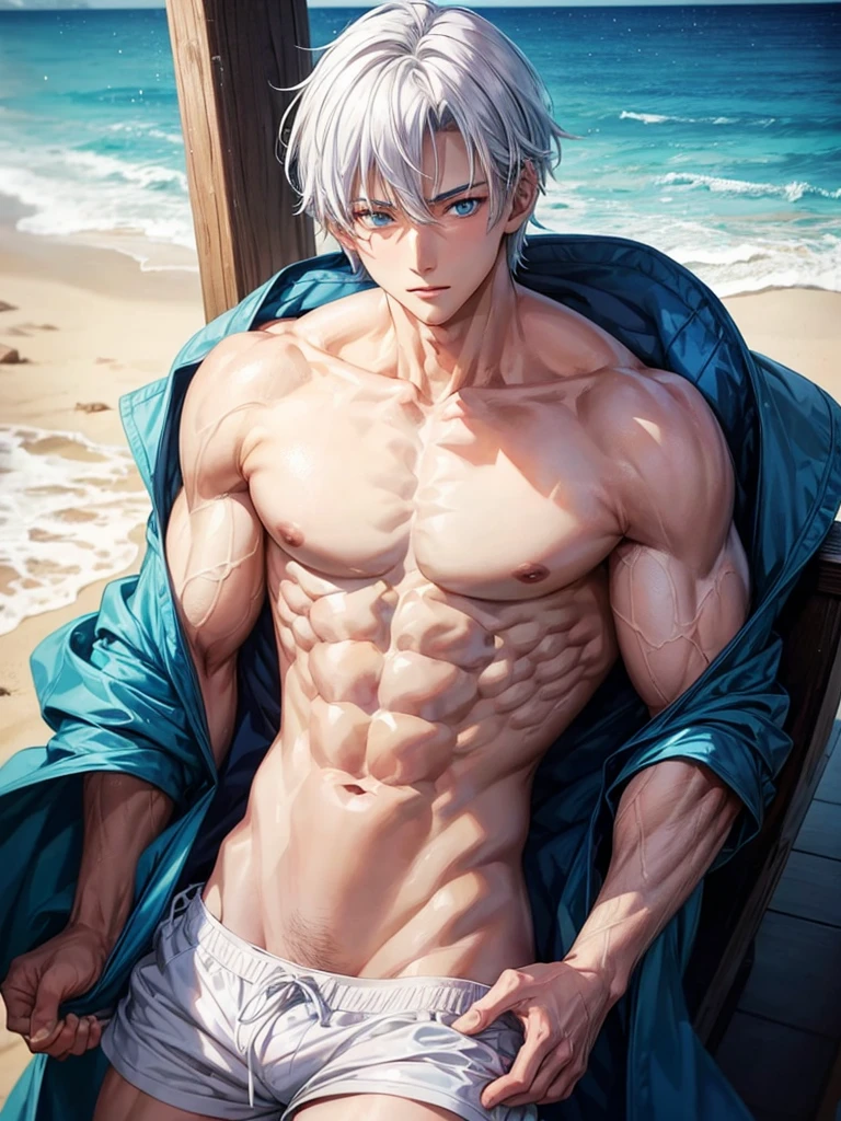 Anime guy about , shirtless, with blue eyes and white hair, muscular, 6 pack abs, with white shorts, on the beach  