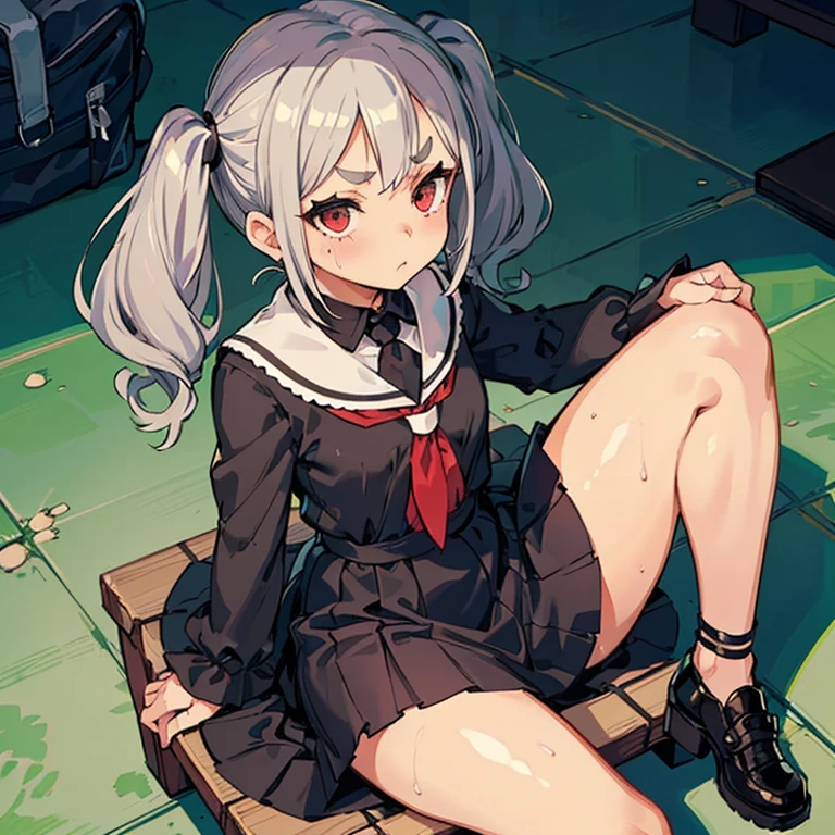 Young girl with grey hair, ((fringed and curly hair)),((curly short twintail)), curly hair ,(red eyes),, ((small bushy eyebrows)), wearing gothic ta clothing, loli, to school, bored eyes, bored face,, (sitting with legs open lifting her skirt to show her vagina wet with semen), sitting missionary sex , male pov, looking from above view